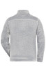 A grey men's knit workwear fleece jacket with a high collar and a logo on the back.