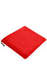 A red fleece blanket with a smooth texture and zip closure, featuring a logo.