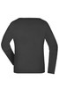 A black long-sleeved ladies shirt with a simple design and a rear view. It features a logo.