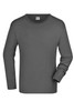 A long-sleeve grey men's t-shirt with a round neckline and one sleeve visible. It features a logo at the neckline.