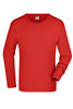 A red long-sleeved t-shirt with a round neckline, featuring a logo on the label.