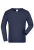 A navy long-sleeve junior shirt with a round neckline and one arm visible. It features a label inside.