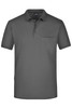 A dark grey polo shirt with a collar and a chest pocket, featuring a logo on the chest.