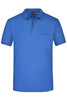 A blue polo shirt featuring a collar and a chest pocket, with a logo on the label.