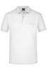 A white polo shirt with a pocket, featuring a classic collar and short sleeves. It includes a logo on the front.