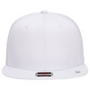 A white 6 panel mid profile trucker cap featuring a grey undervisor and a logo on the front.