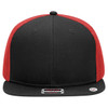 A six-panel mid-profile trucker cap featuring a black front and red mesh back, with a flat brim and logo.