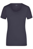 A ladies' stretch T-shirt in dark navy, featuring a round neckline and short sleeves. It has a logo.