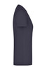A navy blue stretch T-shirt displayed from the side, featuring a fitted silhouette and short sleeves.