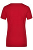 A red ladies' t-shirt with a round neck and short sleeves. It features a logo on the back.