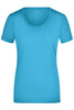 A turquoise ladies stretch round T-shirt featuring a scoop neckline and short sleeves, with a branding logo.