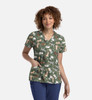 A women's v-neck top featuring a playful animal print in green, with a relaxed fit and pockets.