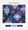 A pattern featuring colourful frosted ornaments in pink, blue, and purple against a dark background with snowflakes.