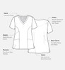 A technical drawing of a women's V-neck print top, featuring curved neckline, side vents, and front slant pockets.