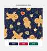 A fabric pattern featuring gingerbread men, hearts, and stars in cream, red, and green on a navy background.