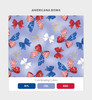 A patterned fabric featuring red, white, and blue bows on a light blue background, with a logo visible.