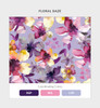 A floral print featuring purple, yellow, and pink hues with a variety of blossoms. Includes a branded label.