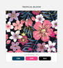 A vibrant floral pattern featuring pink, coral, and white flowers on a dark background, with coordinating colours shown below.