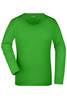 A green long-sleeve stretch shirt with a round neckline and a branded label.
