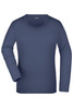 A ladies' long-sleeve shirt in navy blue with a round neck and a smooth fabric. It has a logo on the label.
