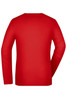 A red long-sleeve shirt with a plain back, featuring a logo on the label.
