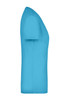 A side view of a ladies' stretch V-neck t-shirt in a vibrant aqua blue colour, featuring a smooth finish and fitted style.