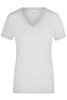A white Ladies Stretch V-T shirt with short sleeves and a V-neck. The shirt features a logo.
