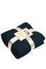 A navy blue fleece blanket, neatly folded and tied with a ribbon. It includes a packaging label.