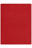A red fleece blanket with a smooth texture, featuring a logo on one corner.