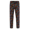 A pair of black pants featuring a colourful floral and nature print. The pants have an elastic waistband and a smooth finish.