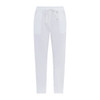 White pants with a drawstring waist and side pockets. Features a logo on the waistband.