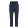 Navy blue pants with a drawstring waist and two front pockets. Features a logo on the front.