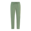 Green pants with an elastic waistband and drawstring, featuring side pockets and a relaxed fit.