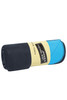 A rolled bonded fleece blanket in navy blue and light blue, featuring a logo on a label.