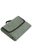 A folded green picnic blanket with a black trim and a carrying strap.