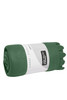 A rolled green fleece blanket featuring a branded label. Soft material suitable for home use.