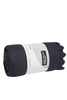 A rolled navy fleece blanket with a white band featuring branding. Soft texture and compact design for easy storage.