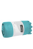 A rolled turquoise fleece blanket with a label featuring branding in white.