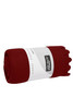 A rolled burgundy fleece blanket with a white band featuring a logo.