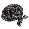 A black bandana with various white and yellow text designs and a tied bow at the back.