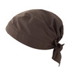 A brown bandana with a tied back design, featuring a smooth fabric and a simple logo.