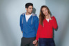 A blue hoodie on a man and a red hoodie on a woman, both featuring a hood and contrasting details.