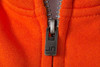 An orange zip hoodie featuring a metal zipper pull and a logo on the zip.