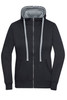 A black zip-up hoodie with a grey interior and grey drawstrings, featuring a front pocket and a logo.