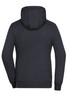 A black zip-up hoodie with a hood, featuring long sleeves and a back view. It includes a logo on the fabric.