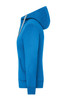 A blue zip hoodie featuring a hood and front pockets, with a logo on the side.