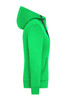 A bright green zip-up hoodie featuring a hood and front pockets, with a logo on the garment.