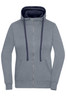 A grey ladies zip-hoodie featuring a navy hood and drawstrings, with front pockets and a zipper closure.