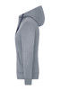 A grey ladies zip hoodie with a hood and front pocket, featuring a logo on the chest area.