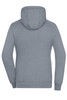 A grey zip-hoodie featuring a hood and long sleeves, with a logo on the back.